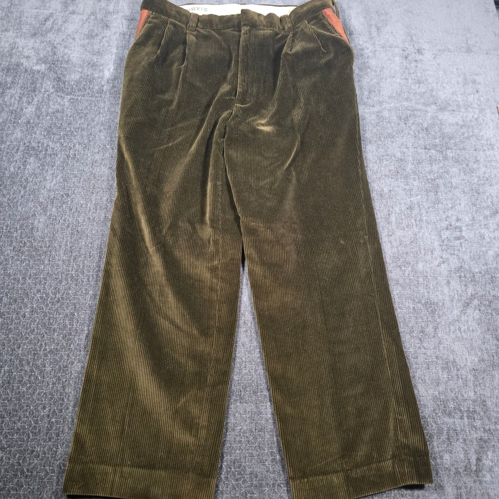 Vtg Orvis Mens Olive Green Corduroy Pleated Pants Leather Trim Size 40 RN70534